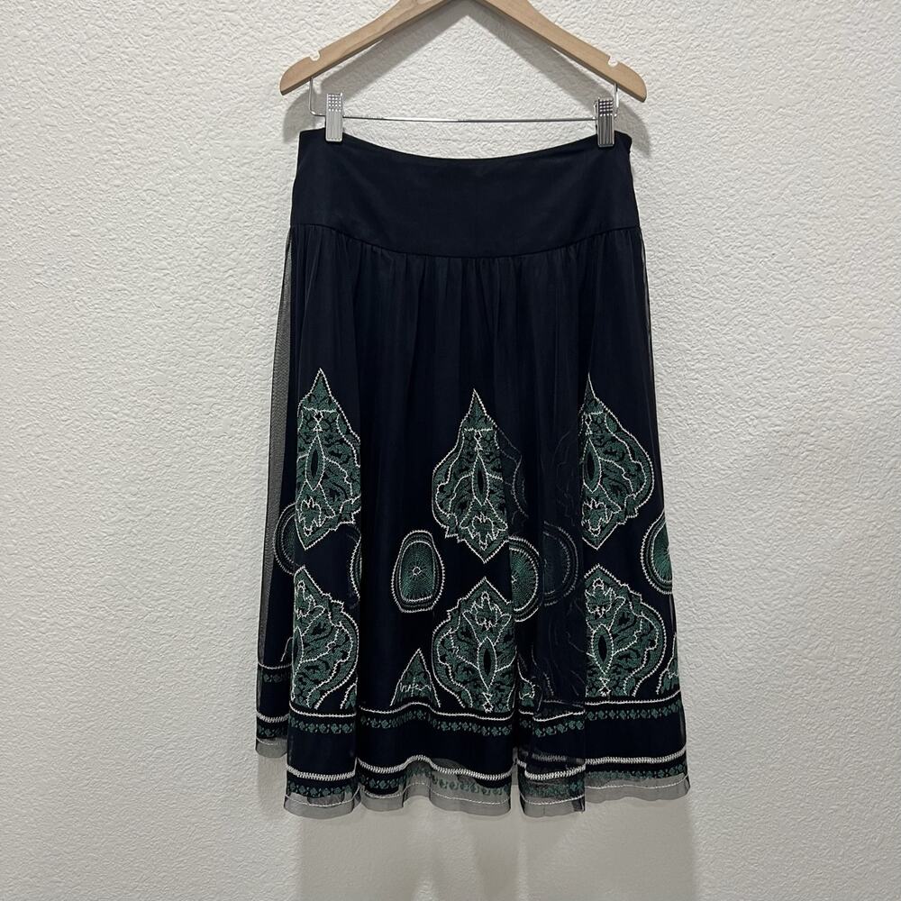 Vintage Women's Black Floral Midi Skirt Tulle Overlay Romantic Whimsigoth Size 8